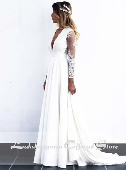 NumberSea - NumberSea Cheap Long White Lace A - line Wedding Dresses Bridal Gowns vestido de noiva with see - through long sleeves robe mariage femme