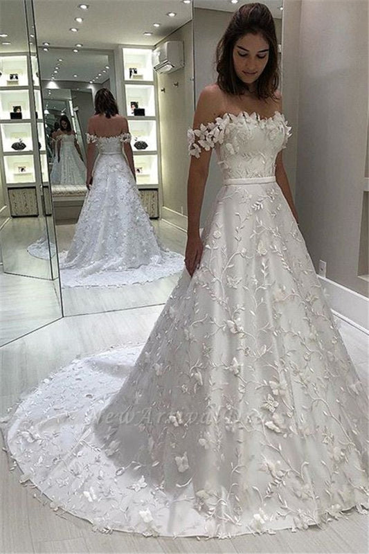 NumberSea - NumberSea Cheap Off Shoulder A - line Long Wedding Dresses Lace Bridal Dresses,MW333