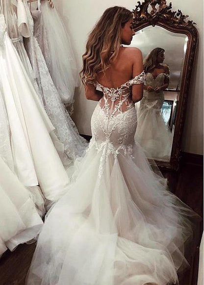 NumberSea - NumberSea Cheap Off the Shoulder Mermaid Wedding Dresses Vintage Lace Bridal Gown,MW492