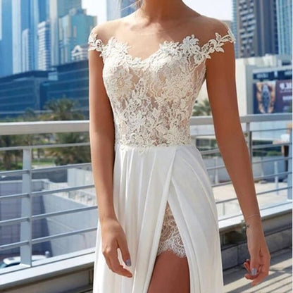 NumberSea - NumberSea Cheap Off the Shoulder See Through Wedding Dresses Side Slit A - line Bridal Dresses,MW493