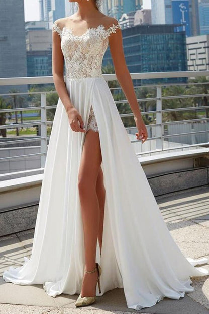 NumberSea - NumberSea Cheap Off the Shoulder See Through Wedding Dresses Side Slit A - line Bridal Dresses,MW493