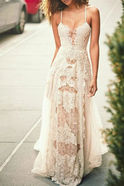 NumberSea - NumberSea Cheap Spaghetti Straps Tulle Beach Wedding Dress, Lace Appliques Bridal Dresses,MW312