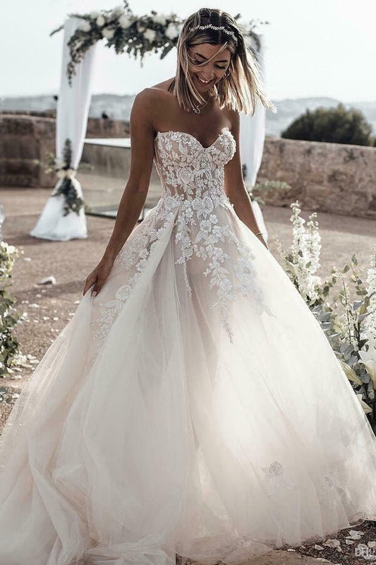 NumberSea - NumberSea Cheap Tulle A - line Sweetheart Long Wedding Dresses with Lace Appliques,MW394