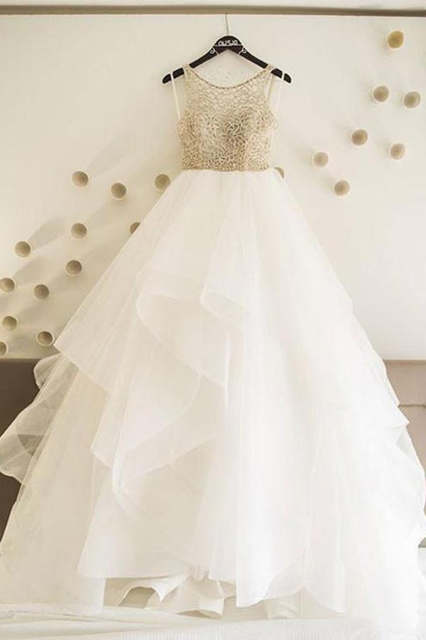 NumberSea - NumberSea Cheap Tulle White A line Floor Length Wedding Dresses Bridal Gowns, MW258