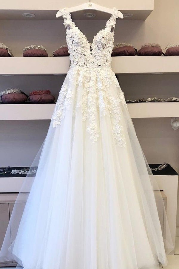 NumberSea - NumberSea Cheap V - neck Long Wedding Dresses A - line Bridal Gowns with Appliques,MW339