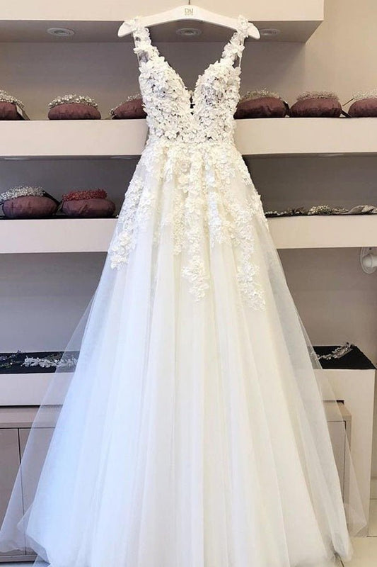 NumberSea - NumberSea Cheap V - neck Long Wedding Dresses A - line Bridal Gowns with Appliques,MW339