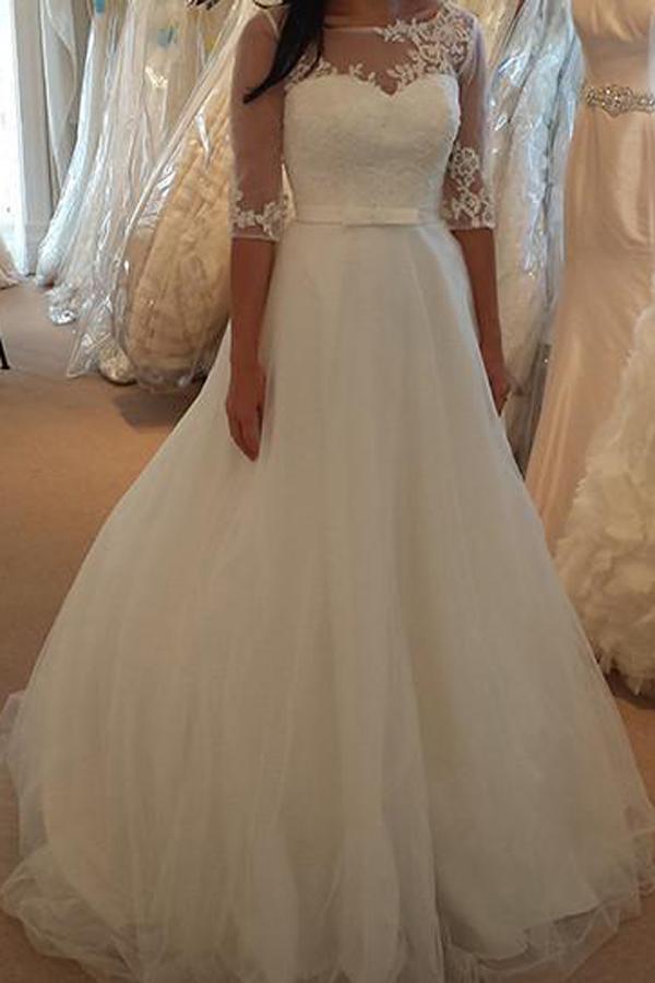 NumberSea - NumberSea Cheap White Scoop A - line Tulle Wedding Dresses with Sweep Train, MW124