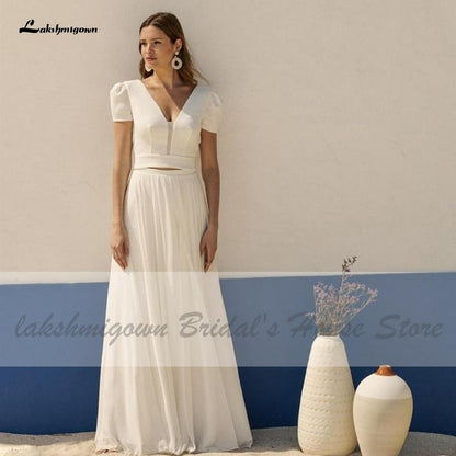 NumberSea - NumberSea Chic Bridal 2 Piece White Wedding Dress Beach Summer