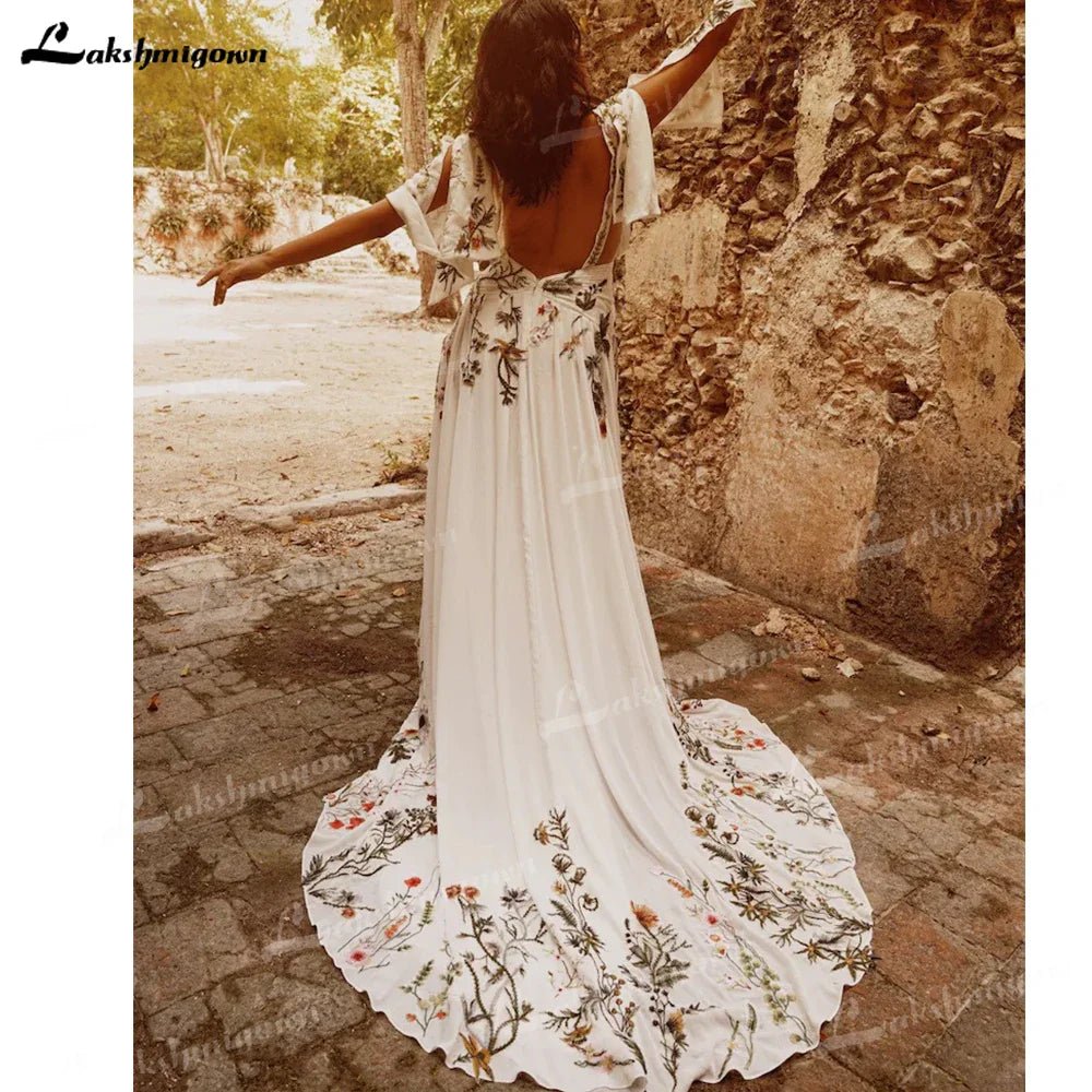 NumberSea - NumberSea Chic Colorful Embroidery Boho Wedding Dress Sexy V Neck Short Sleeve Open Back Chiffon Beach Bohemia Bridal Gowns