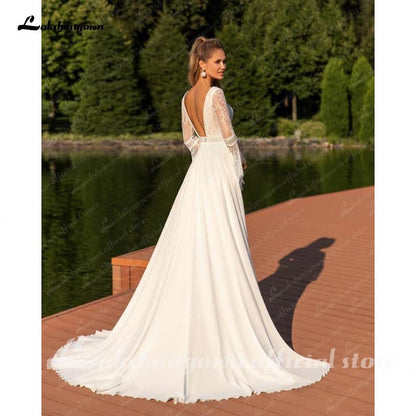 NumberSea - NumberSea Chic Puff Sleeve Wedding Dress Lace Appliques