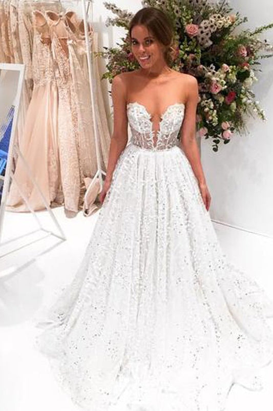 NumberSea - NumberSea Chic Sparkly Bateau A - line Sexy Long Lace Wedding Dress Sweep Train, MW285