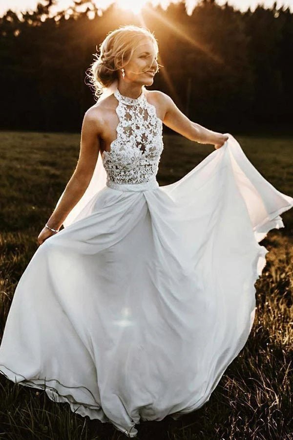 NumberSea - NumberSea Chiffon A - Line Halter Sleeveless Long Beach Wedding Dress with Lace,MW336