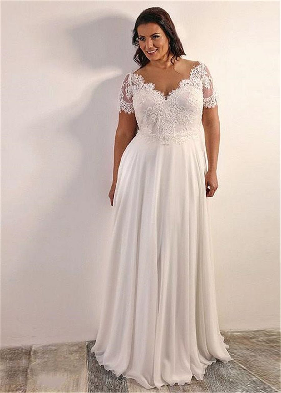 NumberSea - NumberSea Chiffon A - line Plus Size Wedding Dress With Beaded Lace Appliques Short Sleeves Lace Up Back 28W Size Bridal Dresses