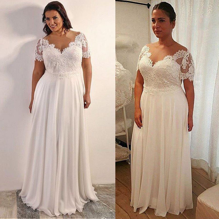 NumberSea - NumberSea Chiffon A - line Plus Size Wedding Dress With Beaded Lace Appliques Short Sleeves Lace Up Back 28W Size Bridal Dresses