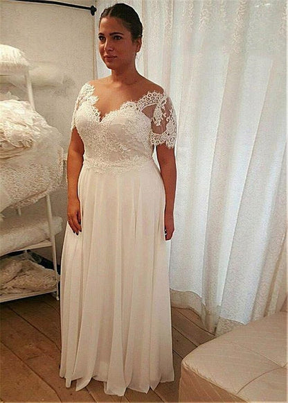 NumberSea - NumberSea Chiffon A - line Plus Size Wedding Dress With Beaded Lace Appliques Short Sleeves Lace Up Back 28W Size Bridal Dresses