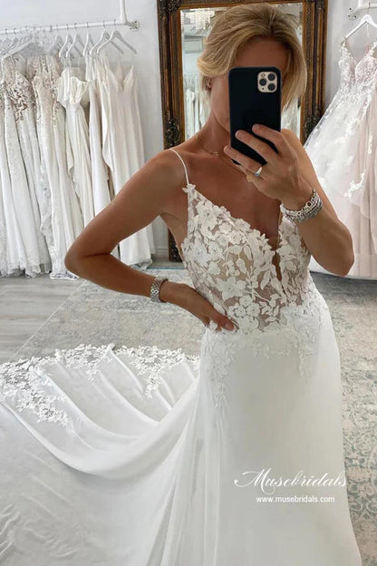 NumberSea - NumberSea Chiffon A - line Spaghetti Straps Lace Appliques Court Train Wedding Dress, MW893