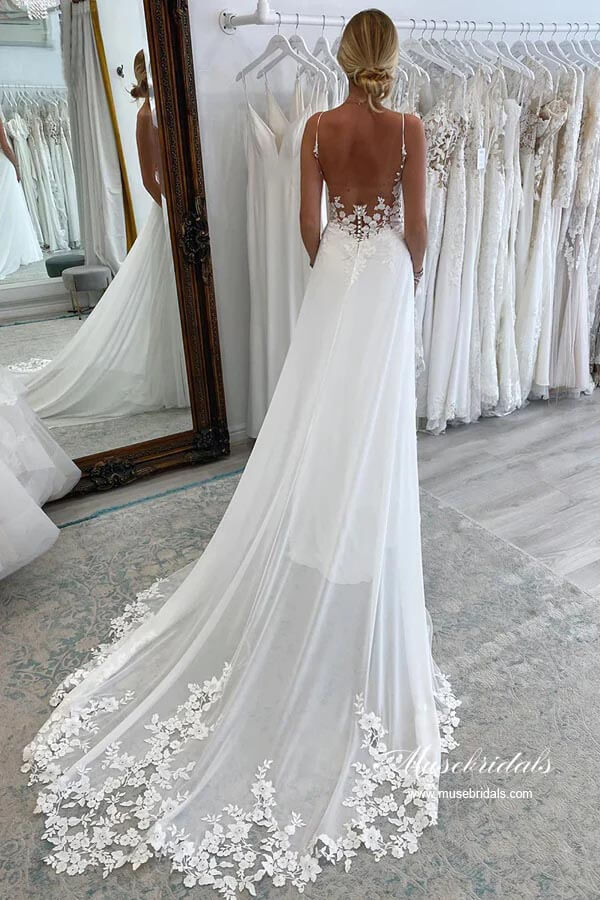 NumberSea - NumberSea Chiffon A - line Spaghetti Straps Lace Appliques Court Train Wedding Dress, MW893