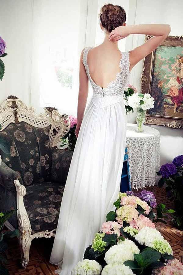 NumberSea - NumberSea Chiffon A - line V - neck Beach Wedding Dress With Train, Lace Wedding Gown, MW737