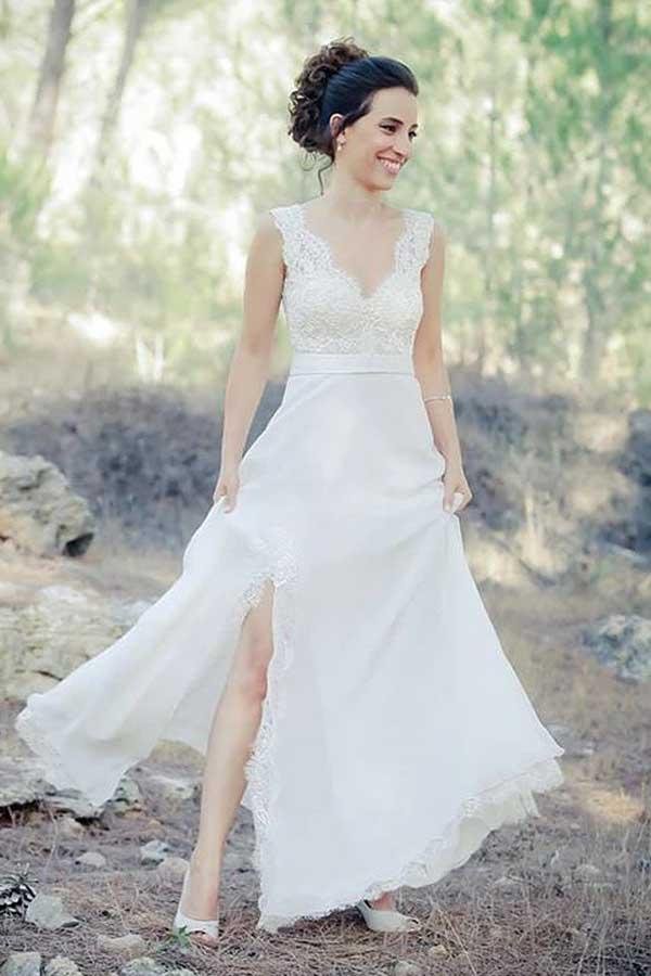 NumberSea - NumberSea Chiffon A - line V - neck Beach Wedding Dress With Train, Lace Wedding Gown, MW737