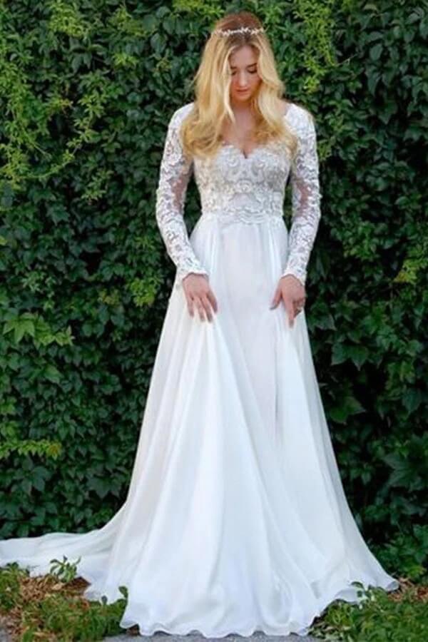 NumberSea - NumberSea Chiffon A - line V - neck Long Sleeves Lace Appliques Wedding Dresses, MW843