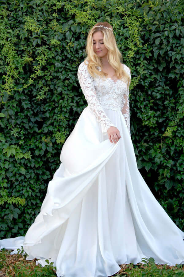 NumberSea - NumberSea Chiffon A - line V - neck Long Sleeves Lace Appliques Wedding Dresses, MW843