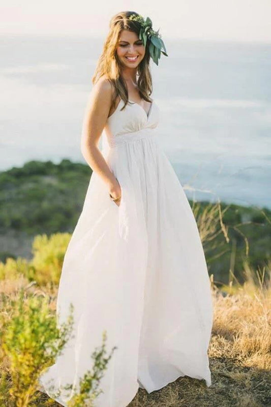 NumberSea - NumberSea Chiffon A - line V - neck Spaghetti Straps Simple Wedding Dress With Train, MW839