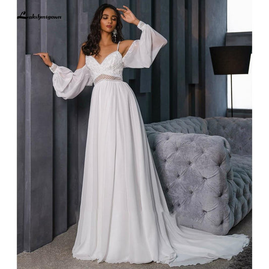 NumberSea - NumberSea Chiffon Backless Spaghetti Straps lantern Sleeve Wedding Dresses