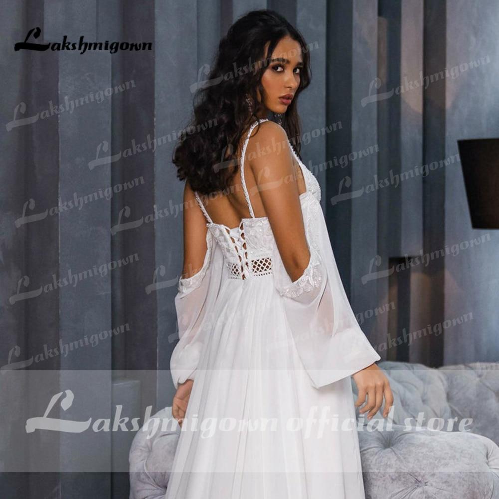 NumberSea - NumberSea Chiffon Backless Spaghetti Straps lantern Sleeve Wedding Dresses