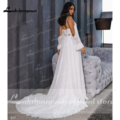 NumberSea - NumberSea Chiffon Backless Spaghetti Straps lantern Sleeve Wedding Dresses