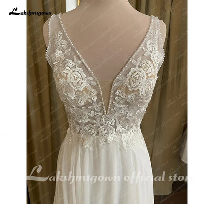 NumberSea - NumberSea Chiffon Beach Wedding Dress V Neck Lace Appliques Vestido Novia 2025 Sexy Bridal Boho Wedding Gowns Open Back