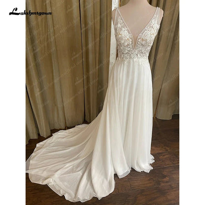 NumberSea - NumberSea Chiffon Beach Wedding Dress V Neck Lace Appliques Vestido Novia 2025 Sexy Bridal Boho Wedding Gowns Open Back