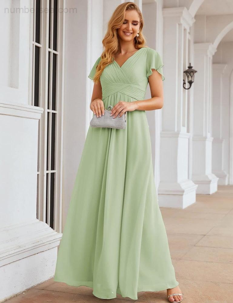 NumberSea - Numbersea Chiffon Bridesmaid Dress Cap Sleeves Maxi Prom Gowns Party Wedding Mother of The Bride Dresses for Women SEA28047