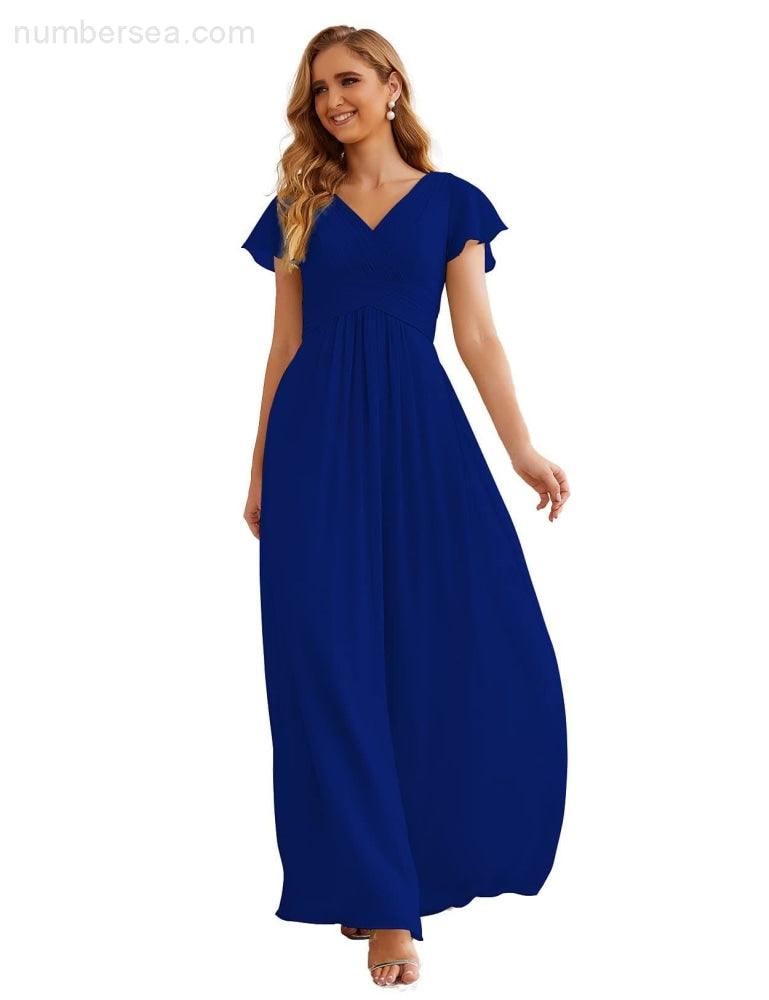 NumberSea - Numbersea Chiffon Bridesmaid Dress Cap Sleeves Maxi Prom Gowns Party Wedding Mother of The Bride Dresses for Women SEA28047