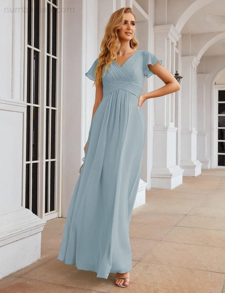 NumberSea - Numbersea Chiffon Bridesmaid Dress Cap Sleeves Maxi Prom Gowns Party Wedding Mother of The Bride Dresses for Women SEA28047