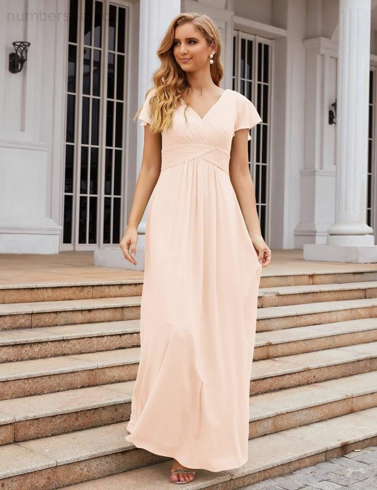 NumberSea - Numbersea Chiffon Bridesmaid Dress Cap Sleeves Maxi Prom Gowns Party Wedding Mother of The Bride Dresses for Women SEA28047