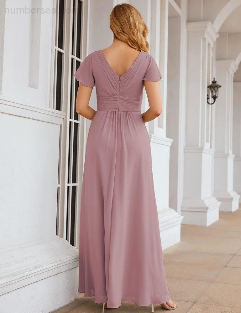 NumberSea - Numbersea Chiffon Bridesmaid Dress Cap Sleeves Maxi Prom Gowns Party Wedding Mother of The Bride Dresses for Women SEA28047