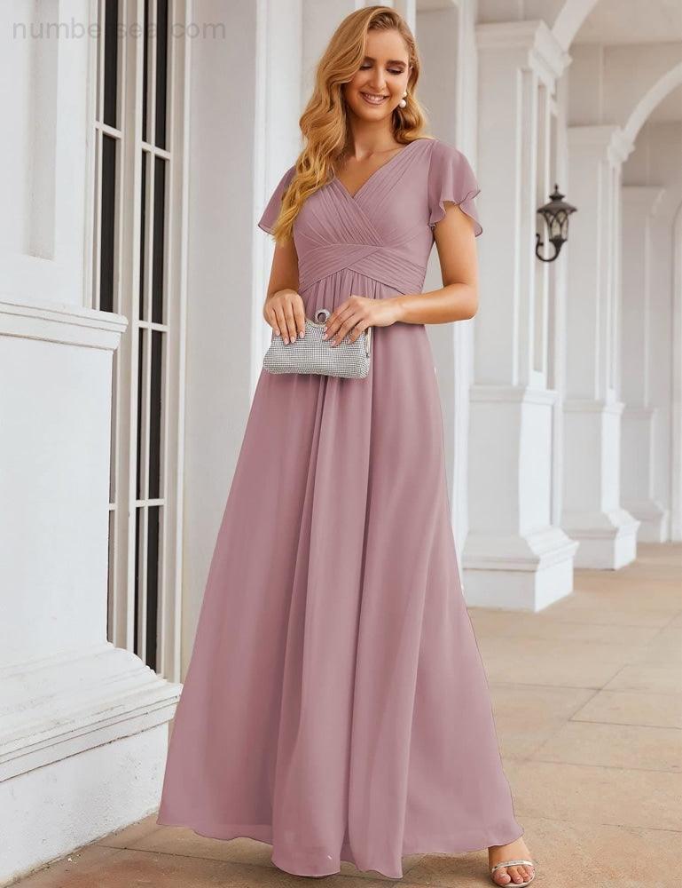 NumberSea - Numbersea Chiffon Bridesmaid Dress Cap Sleeves Maxi Prom Gowns Party Wedding Mother of The Bride Dresses for Women SEA28047