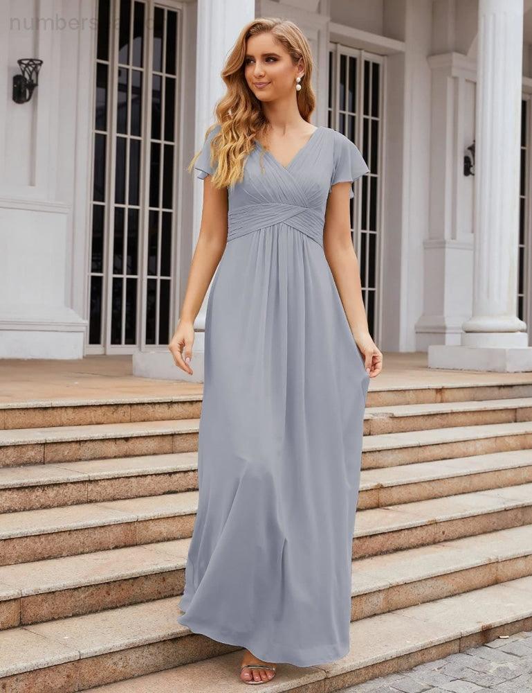 NumberSea - Numbersea Chiffon Bridesmaid Dress Cap Sleeves Maxi Prom Gowns Party Wedding Mother of The Bride Dresses for Women SEA28047