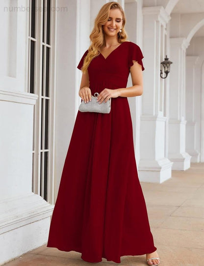 NumberSea - Numbersea Chiffon Bridesmaid Dress Cap Sleeves Maxi Prom Gowns Party Wedding Mother of The Bride Dresses for Women SEA28047