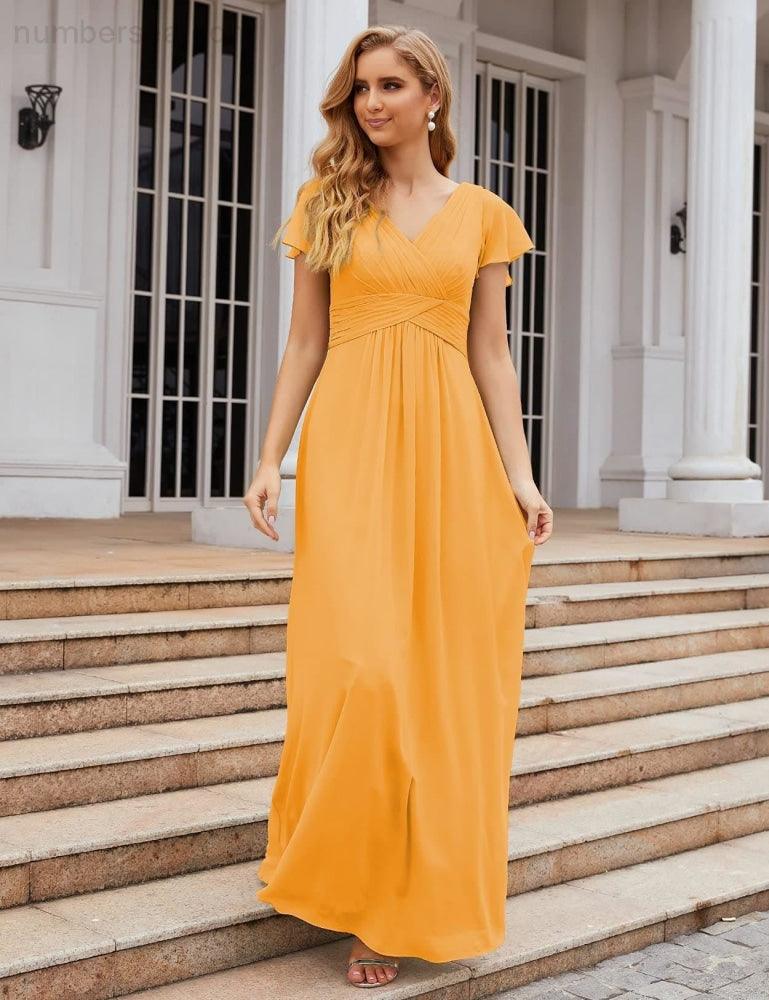 NumberSea - Numbersea Chiffon Bridesmaid Dress Cap Sleeves Maxi Prom Gowns Party Wedding Mother of The Bride Dresses for Women SEA28047