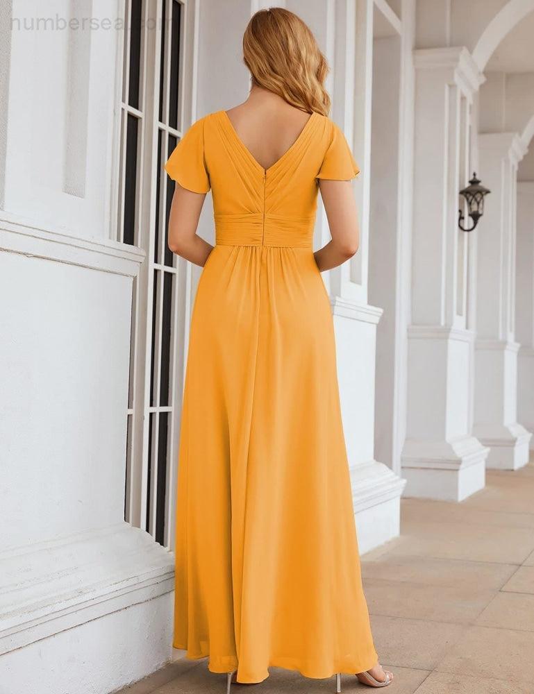 NumberSea - Numbersea Chiffon Bridesmaid Dress Cap Sleeves Maxi Prom Gowns Party Wedding Mother of The Bride Dresses for Women SEA28047