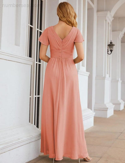 NumberSea - Numbersea Chiffon Bridesmaid Dress Cap Sleeves Maxi Prom Gowns Party Wedding Mother of The Bride Dresses for Women SEA28047