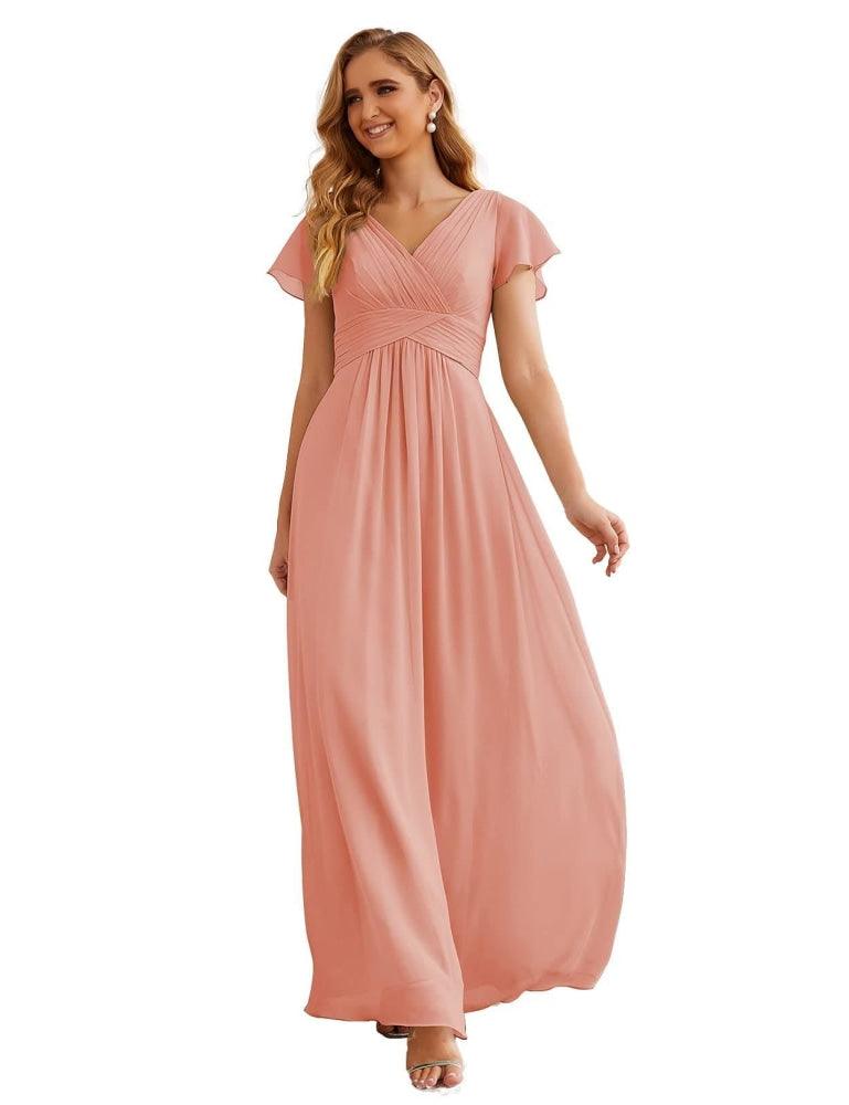 NumberSea - Numbersea Chiffon Bridesmaid Dress Cap Sleeves Maxi Prom Gowns Party Wedding Mother of The Bride Dresses for Women SEA28047