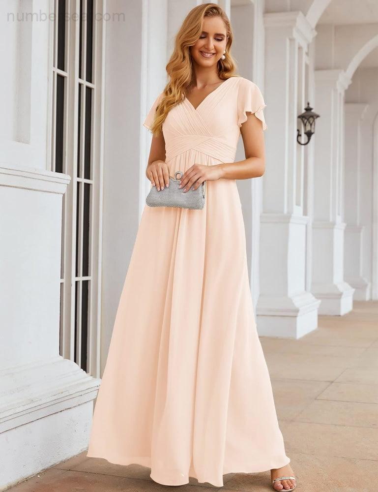 NumberSea - Numbersea Chiffon Bridesmaid Dress Cap Sleeves Maxi Prom Gowns Party Wedding Mother of The Bride Dresses for Women SEA28047