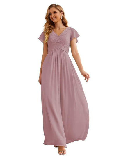 NumberSea - Numbersea Chiffon Bridesmaid Dress Cap Sleeves Maxi Prom Gowns Party Wedding Mother of The Bride Dresses for Women SEA28047