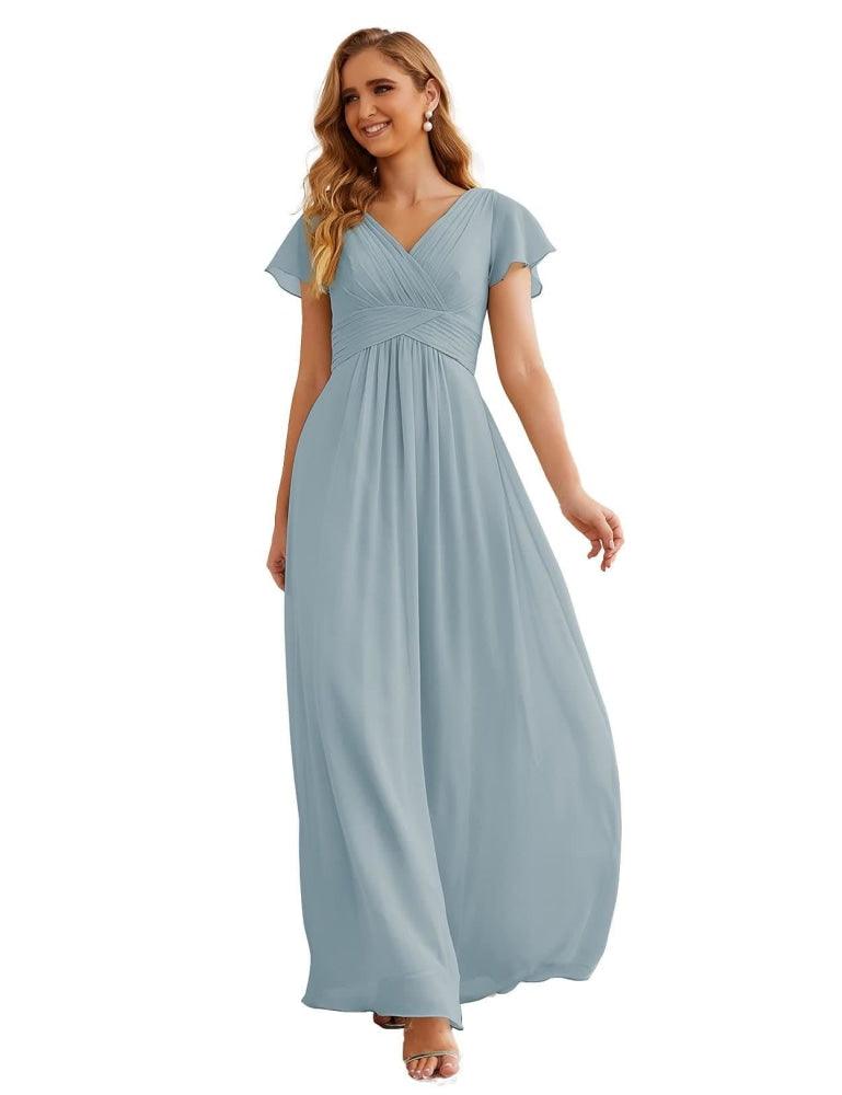 NumberSea - Numbersea Chiffon Bridesmaid Dress Cap Sleeves Maxi Prom Gowns Party Wedding Mother of The Bride Dresses for Women SEA28047