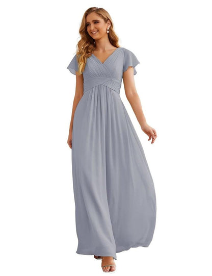 NumberSea - Numbersea Chiffon Bridesmaid Dress Cap Sleeves Maxi Prom Gowns Party Wedding Mother of The Bride Dresses for Women SEA28047