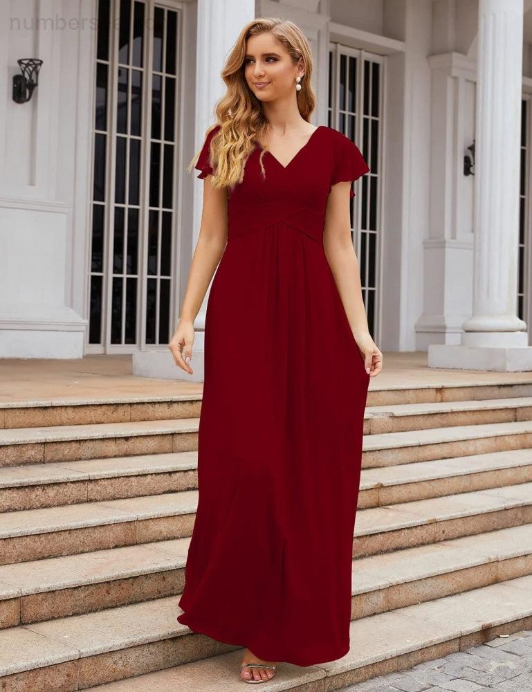 NumberSea - Numbersea Chiffon Bridesmaid Dress Cap Sleeves Maxi Prom Gowns Party Wedding Mother of The Bride Dresses for Women SEA28047