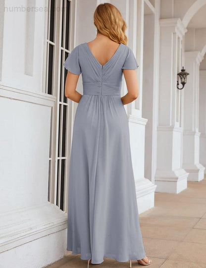 NumberSea - Numbersea Chiffon Bridesmaid Dress Cap Sleeves Maxi Prom Gowns Party Wedding Mother of The Bride Dresses for Women SEA28047