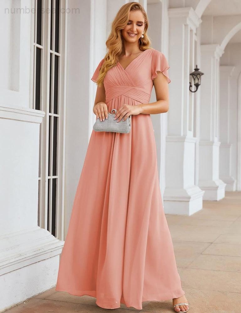 NumberSea - Numbersea Chiffon Bridesmaid Dress Cap Sleeves Maxi Prom Gowns Party Wedding Mother of The Bride Dresses for Women SEA28047